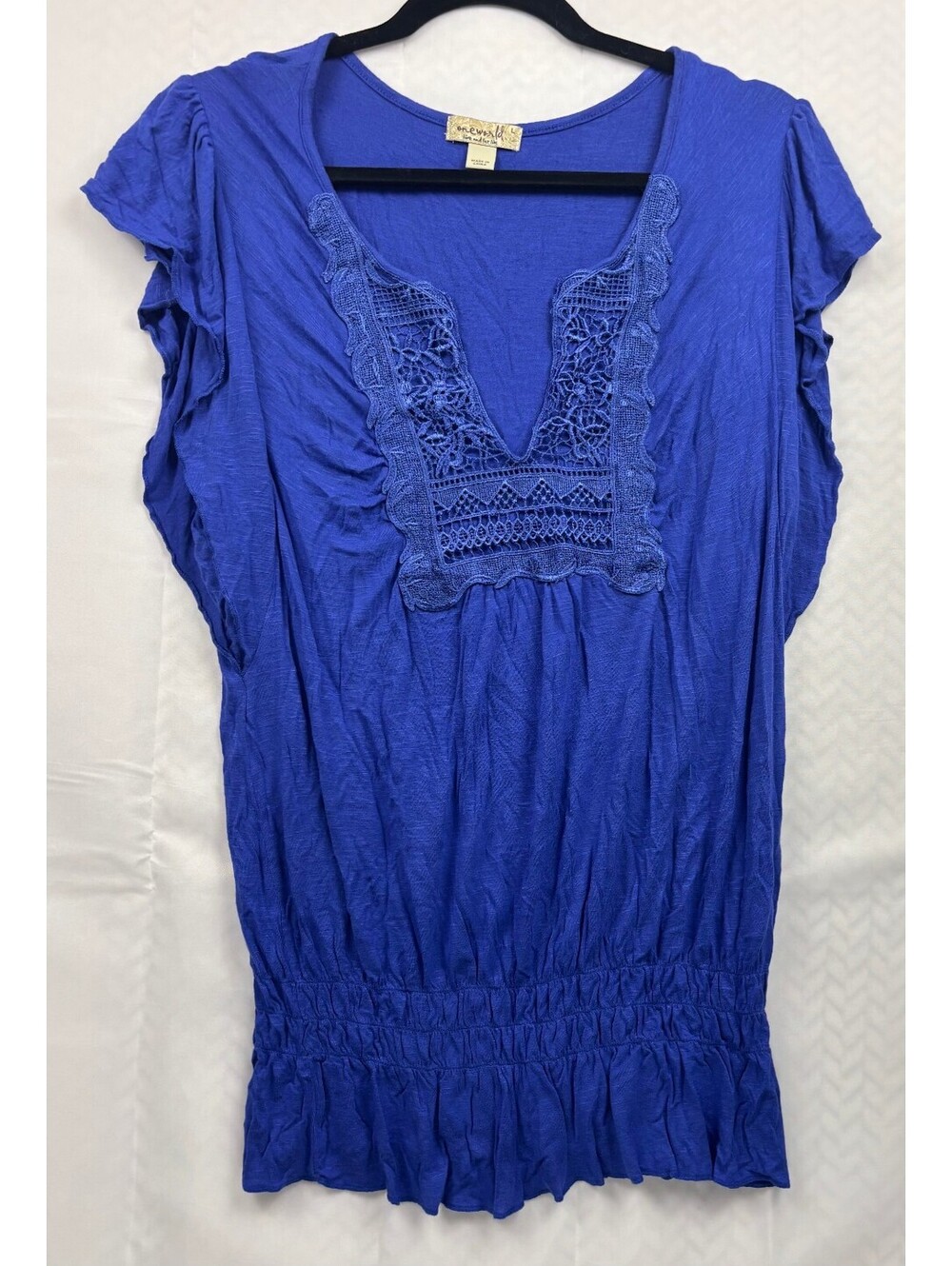 One World Blue Rayon Spandex Lace Detail Short Sleeve Top Size L